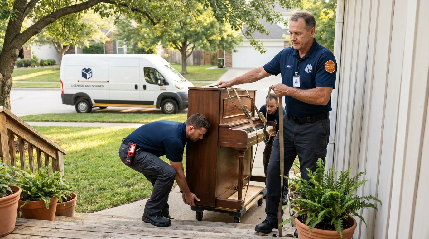 Licensed piano movers securing grand piano in Bellmawr, NJ
