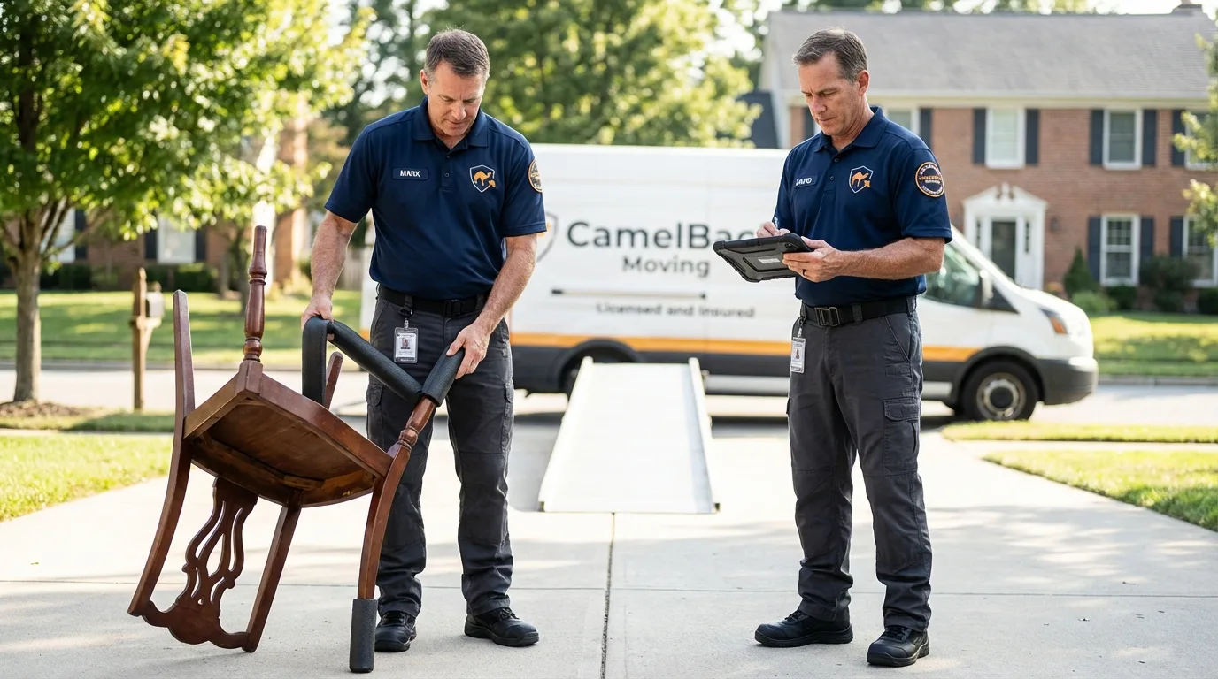 Movers inspecting furniture for damage prevention before loading in Bellmawr, NJ