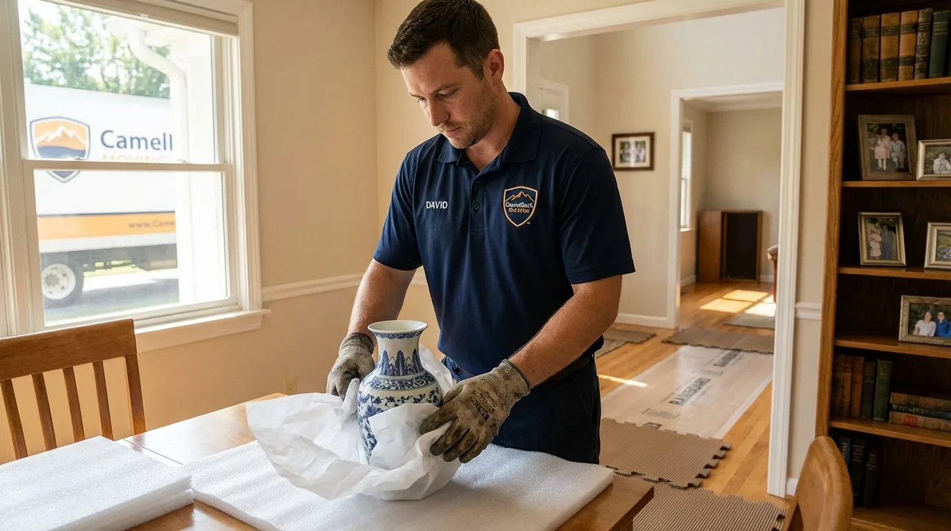 Professional crew carefully wrapping antique vase for senior downsizing move in Bellmawr, NJ